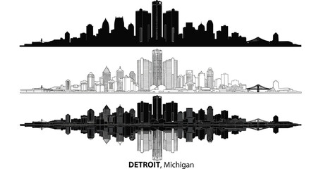 Detroit Michigan Skyline in Black and White with Reflections silhouette cityscape