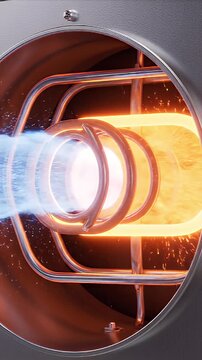 Close-up CGI of a heating element in a metal chamber with glowing orange coils and blue cool air stream demonstrating thermal transfer for HVAC or industrial applications