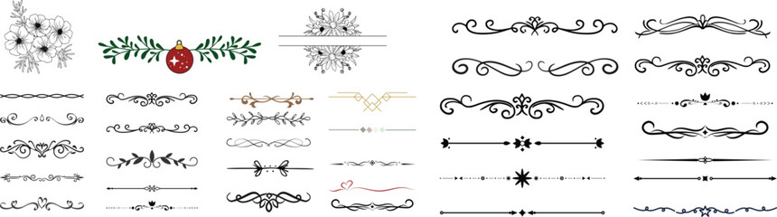 Vector illustration set of dividers, flourishes, vines, ornate lines, ornament elements in vintage style. Retro elements for greeting cards, letters and logos isolated on white background. © MR Vector Store