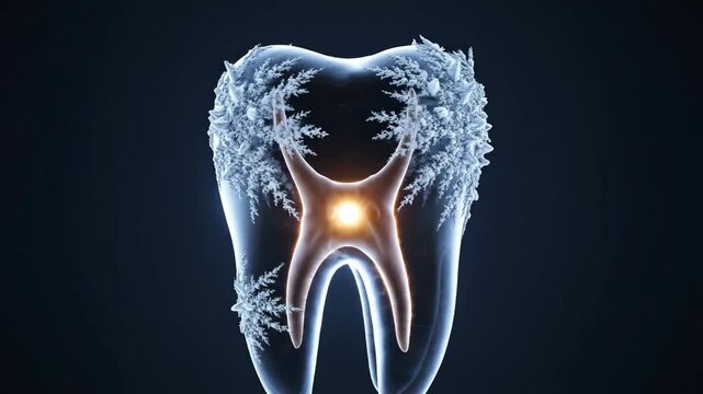 Abstract Cold Shock Dental Visualization rendered in a dramatic conceptual style, semi-transparent tooth floating in a dark indigo space, sharp crystalline frost patterns forming along the outer