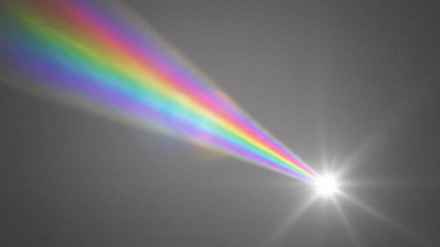 Minimalist spectrum light slash cutting diagonally through a matte neutral environment, a single concentrated white source expanding into a wide prismatic gradient trail that leaves a smooth luminous