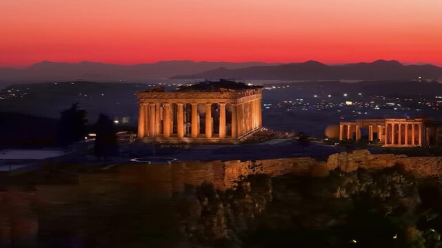 Aerial closeup view of the illuminated Parthenon Temple at the Acropolis of Athens, Greece, during evening time