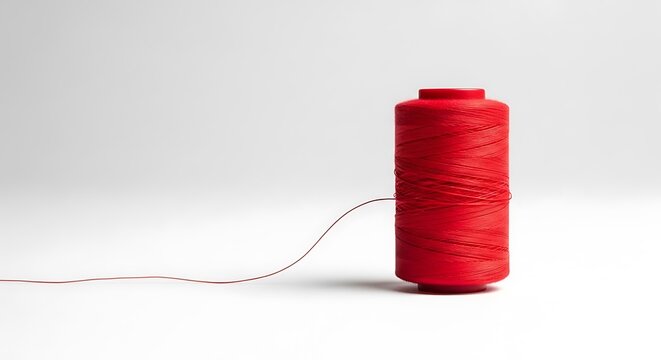 Red thread spool with thread unwinding on white background