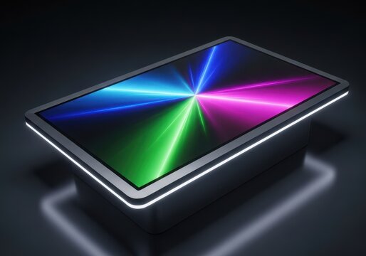 A close up view of a sophisticated modern LCD display table used for interactive digital presentations and high technology entertainment, futuristic, viewing, display