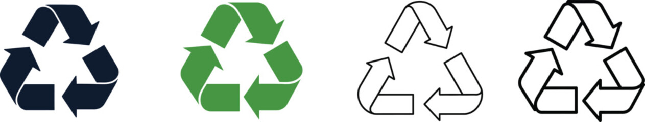 Illustration of four different recycling symbols in various colors and styles isolated on white background