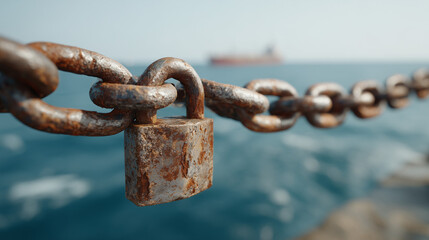 Rusty Lock and Chain at Sea: A close-up view of a weathered, rusty padlock securing a heavy chain against the backdrop of the vast, open sea and a ship on the horizon, invoking themes of security.
