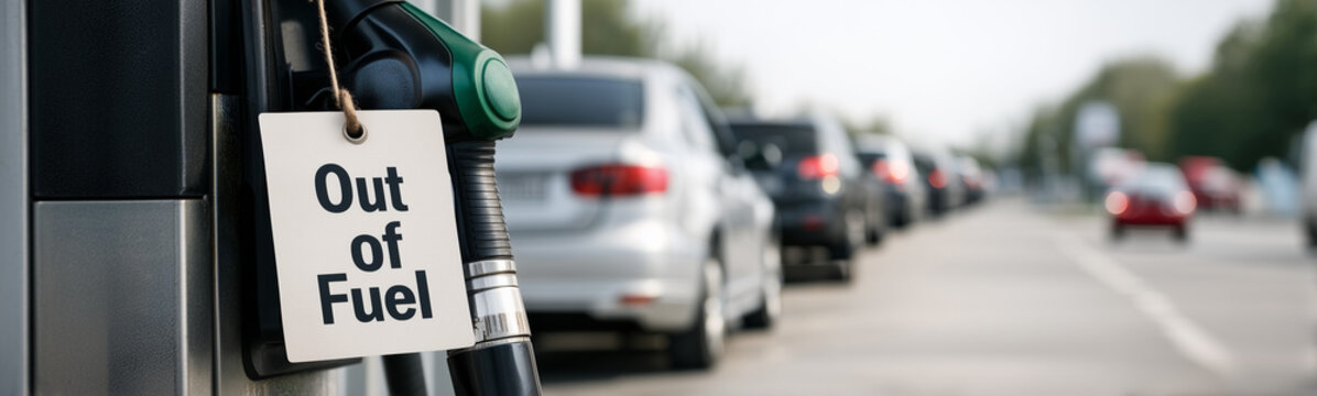 Out of Fuel at Gas Station: An Out of Fuel sign on a gas pump nozzle at a station, with cars waiting in a line, creating a sense of scarcity and the challenges of fuel shortage.