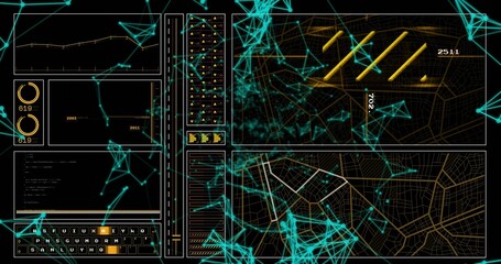 Displaying digital dashboard showing maps, gauges, keys and tiles at console with teal mesh