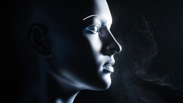 Conceptual studio portrait interpretation where a human face is suggested through abstract planes of light and shadow in a vast dark space, luminous contours tracing only fragments of features while