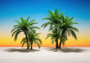Fototapeta premium Highly artificial tropical scene set up indoors with plastic palm trees and forced bright studio lighting suggesting a manufactured vacation experience, cheap, tree, plastic