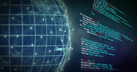 Fototapeta premium Displaying glowing 3D mesh sphere occupying left in dark cyber space, with luminous nodes and code