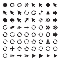 Fototapeta premium Black vector arrow icon set for web navigation with play, next, forward, and direction symbols in circle button design collection