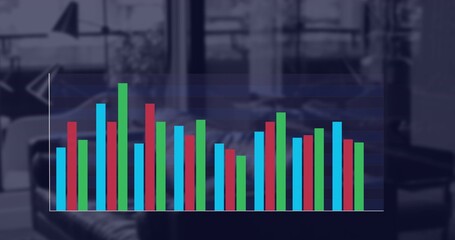 Displaying multicolor vertical bar chart covering blurred office lounge with sofa, grid lines © vectorfusionart