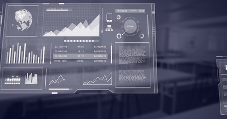 Displaying holographic data panels floating in office, showing bar and line charts, hex strings © vectorfusionart