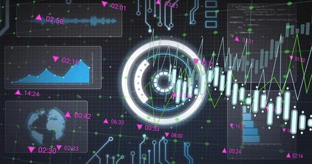 Displaying central concentric HUD glowing on dark grid display, with candlesticks and neon line © vectorfusionart