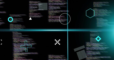 Fototapeta premium Displaying neon cyan crosshair intersecting at center on black HUD, with blurred multicolored code
