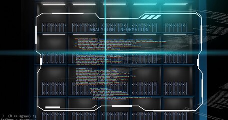 Displaying bank of server racks projecting HUD overlay in data center, with LED status lights