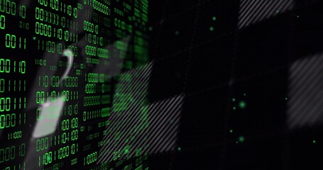 Fototapeta premium Displaying vertical columns of glowing green binary code on monitor, with diagonal stripes and grid