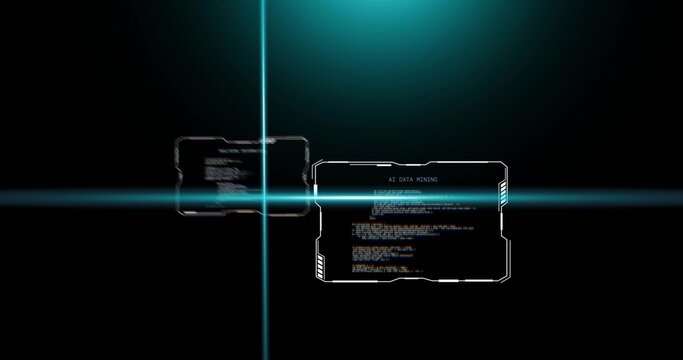 Floating hologram UI panels hovering in HUD void, forming cyan crosshair and showing AI DATA MINING