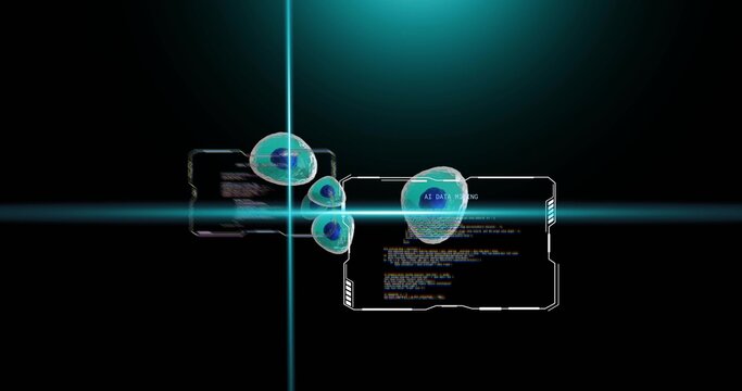 Displaying translucent holographic spheres beside HUD panels with cyan crosshair in virtual display
