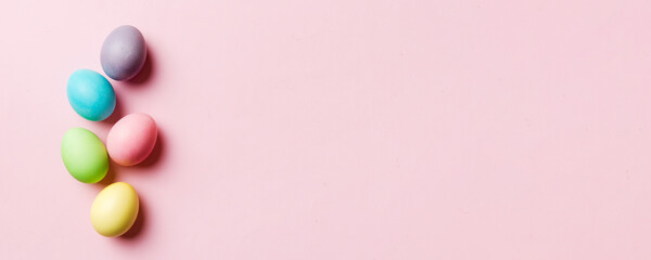 holiday preparation Multi colors Easter eggs on colored background . Pastel color Easter eggs. holiday concept with copy space