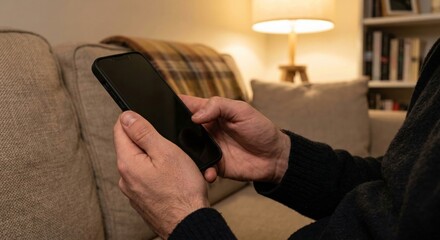 Man relaxing on sofa at home using smartphone in warm, cozy living room at night