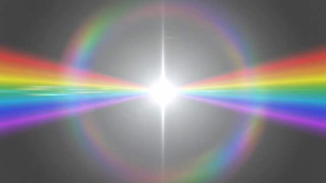 Minimal abstract spectrum flare emerging from a thin vertical slit of light, expanding into wide horizontal rainbow beams that gently pulse in intensity against a neutral gray backdrop, smooth