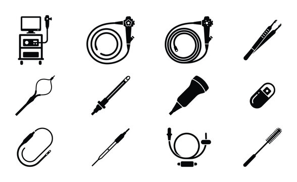 Collection of endoscopy medical equipment tools and devices for internal examination vector silhouettes