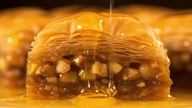 Close up of a syrupy sweet baklava pastry with layers of phyllo dough filled with chopped nuts drizzled with golden honey in warm lighting