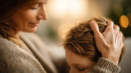 Fototapeta premium Mom's Embrace: A tender moment unfolds as a mother offers comfort and reassurance to her child, her hand gently resting on their head. Capturing the intimacy of family bonds and unconditional love.