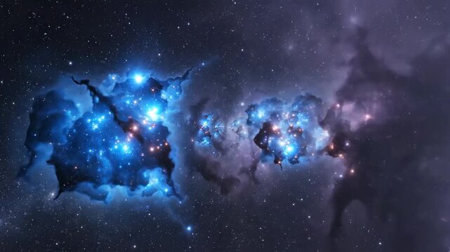 Moody deep-space nebula corridor with darker shadow pockets and concentrated luminous clusters glowing in electric blue and soft lavender, gentle rotational drift of the cloud mass suggesting galactic