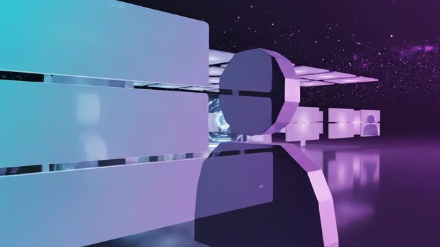 Metaverse Collaboration Grid \'97 semi-abstract spatial interface where floating translucent panels form a three-dimensional conference layout suspended in midair, each tile softly pulsing with