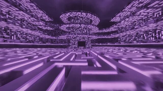 Abstract purple corridor with blocky structures and blurred perspective