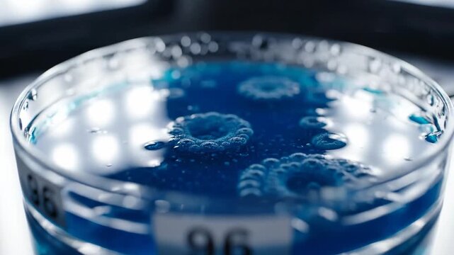 Blue Petri Dish Culture \'96 sterile medical experiment scene captured in ultra-clean laboratory lighting, top-down macro view of a transparent petri dish filled with rich cobalt-blue agar