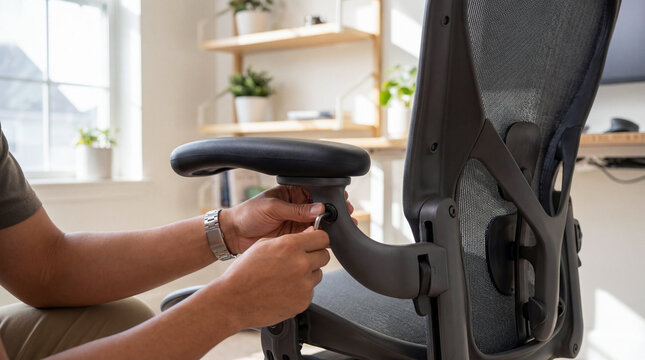 Individual adjusting armrest on ergonomic office chair in bright workspace with plants and computer setup visible in the background