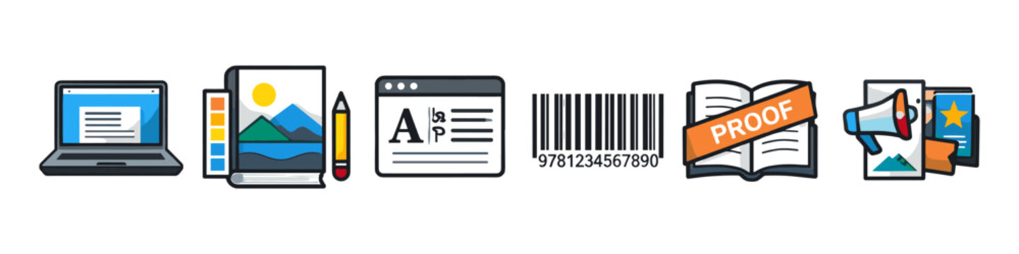 Collection of icons representing publishing, design, and marketing processes