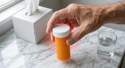 Senior man reaches for medication bottle on bedside table with tissues and water in bedroom