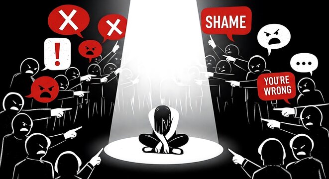 Person under spotlight facing public shaming and criticism, surrounded by pointing fingers and negative speech bubbles.