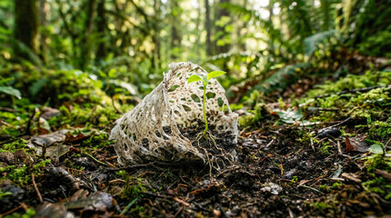 Obraz premium Biodegradable bioplastic cup decomposing in forest soil with green seedling