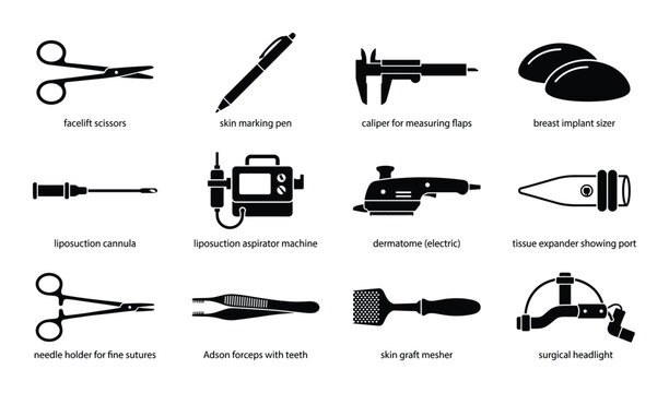 Plastic surgery tools vector line style scissors pen caliper and other instruments for operation