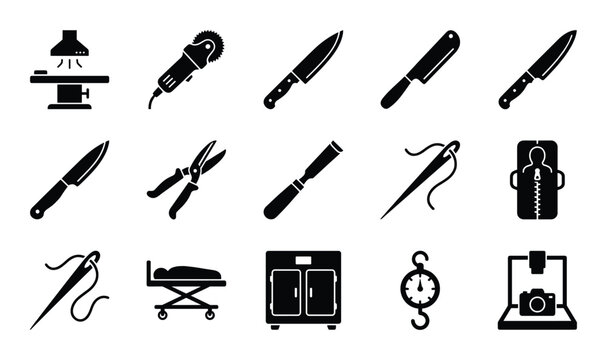 Set of sharp tools outline icon vector instrument equipment for surgery cutting woodwork household