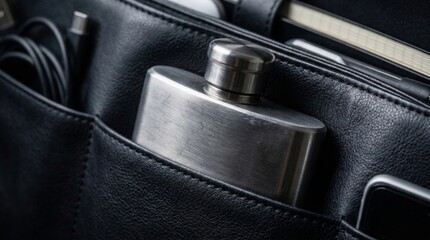 Stainless steel flask in a leather briefcase pocket, suggesting a secret indulgence or escape from work