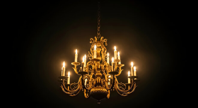 Golden Chandelier with Lit Candles in Dark