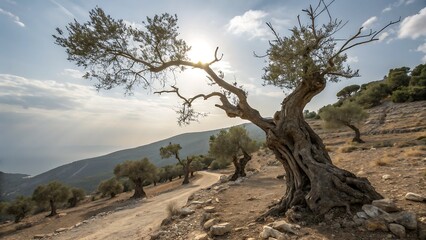 Gnarled Ancient Olive Tree Branches Against a Sunny Sky
