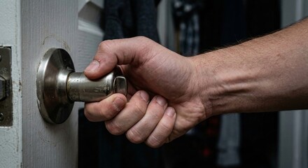 Hand gripping a doorknob, opening or closing a door in a dimly lit room, creating a sense of mystery
