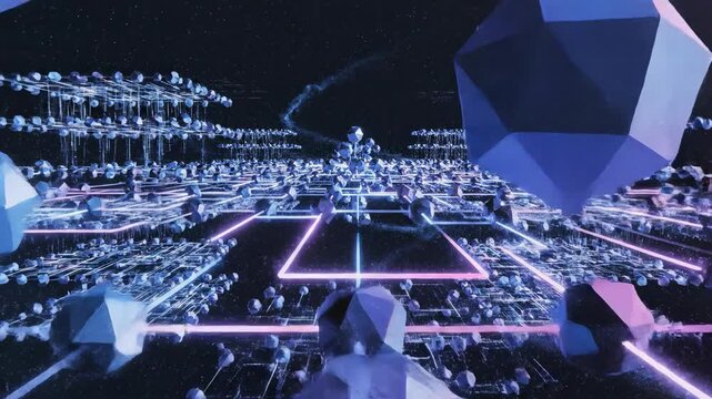 Video of decentralized data flow with streams linking distributed nodes, blockchain network concept, digital infrastructure background, fintech innovation theme, secure technology visualization.