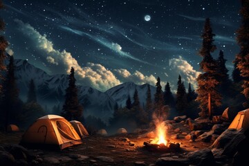 Illuminated tents glowing under a dramatic night sky with a warm campfire in a mountain forest