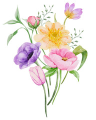 Watercolor spring hand drawn colorful floral bouquet summer flower arrangements 