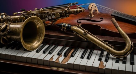 Obraz premium Intense abstract view of vintage musical instruments illuminated by atmospheric light, conveying the soulful rhythm and spontaneous energy of improvisation, nightlife, improvisation, abstract