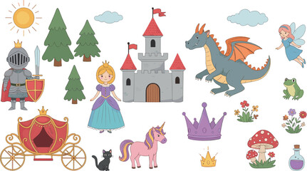 Fairy tale medieval fantasy vector illustration set with princess knight dragon castle unicorn carriage and magical elements
